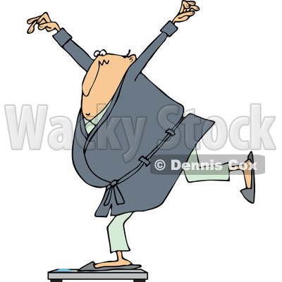 Clipart of a Cartoon Chubby White Man in a Robe and Pjs, Balancing on a Scale - Royalty Free Vector Illustration © djart #1307136