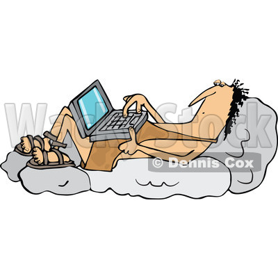 Clipart of a Cartoon Chubby Caveman Reclined on Boulders and Using a Laptop Computer - Royalty Free Vector Illustration © djart #1315991