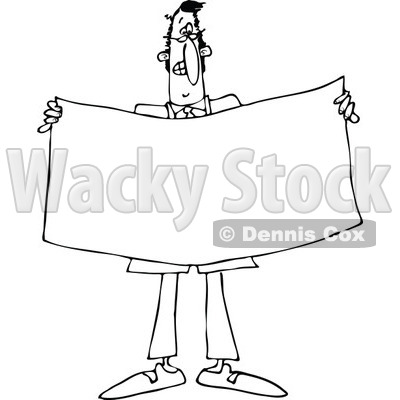 Lineart Clipart of a Cartoon Black and White Business Man Holding a Blank Sign or Banner - Royalty Free Outline Vector Illustration © djart #1331842