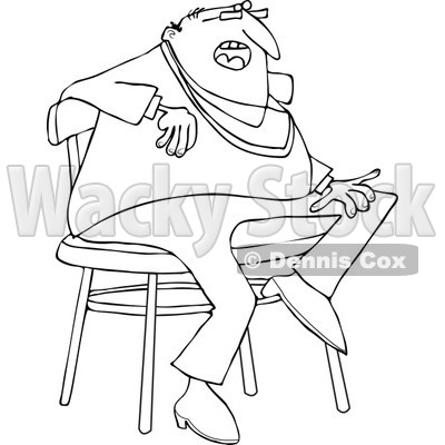 Lineart Clipart of a Cartoon Black and White Casual Chubby Man Sitting on a Stool - Royalty Free Outline Vector Illustration © djart #1334262