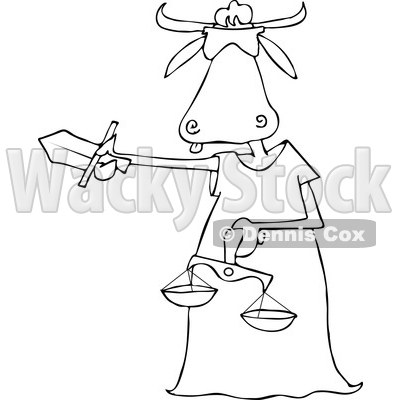 Lineart Clipart of a Cartoon Black and White Blindfolded Lady Justice Cow Holding a Sword and Scales - Royalty Free Outline Vector Illustration © djart #1340955