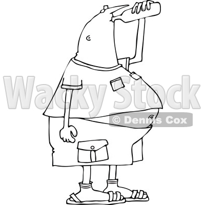 Lineart Clipart of a Cartoon Black and White Chubby Man Drinking Water from a Bottle - Royalty Free Outline Vector Illustration © djart #1340956