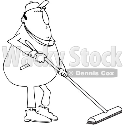 Lineart Clipart of a Cartoon Black and White Chubby Worker Man Using a Push Broom - Royalty Free Outline Vector Illustration © djart #1342247