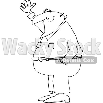 Outline Clipart of a Cartoon Black and White Chubby Man Smiling and Gesturing Upwards - Royalty Free Lineart Vector Illustration © djart #1344208
