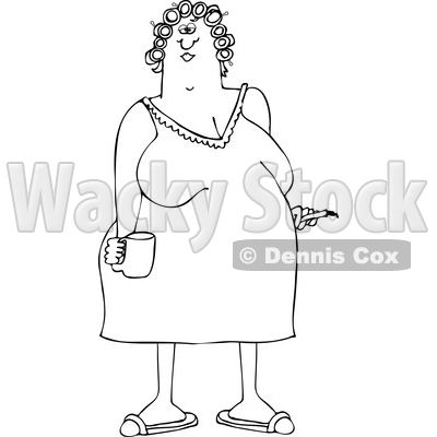 Outline Clipart of a Cartoon Black and White Chubby Woman in a Night Gown, Her Hair in Curlers, Smoking a Cigarette and Holding a Coffee Mug - Royalty Free Lineart Vector Illustration © djart #1345519