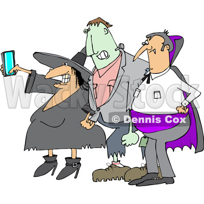 Clipart of a Cartoon Chubby Witch Taking a Selfie on a Cell Phone, with Frankenstine and a Dracula Vampire - Royalty Free Vector Illustration © djart #1347296