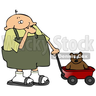 Little Boy in Overalls, Sucking His Thumb and Pulling His Teddy Bear in a Red Wagon Clipart Illustration © djart #13474