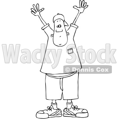 Lineart Clipart of a Cartoon Black and White Young Man Holding His Hands up - Royalty Free Outline Vector Illustration © djart #1349501