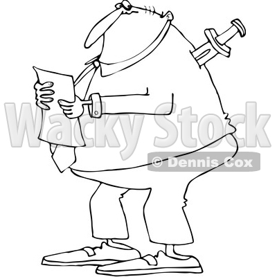 Outline Clipart of a Cartoon Black and White Chubby Businessman Reading a Document, with a Knife in His Back - Royalty Free Lineart Vector Illustration © djart #1350363