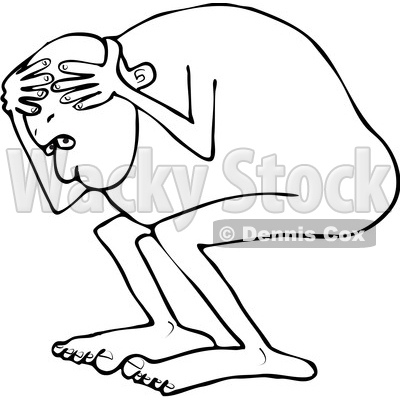 Outline Clipart of a Cartoon Black and White Man Cowering, Scared and Naked - Royalty Free Lineart Vector Illustration © djart #1352132