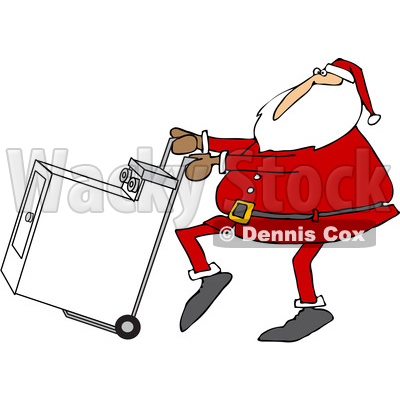 Clipart of a Cartoon Christmas Santa Claus Pushing a Dryer on a Hand Truck Dolly - Royalty Free Vector Illustration © djart #1355262