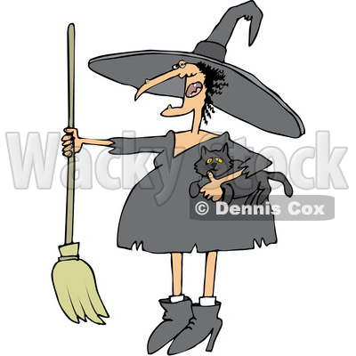 Clipart of a Cartoon Chubby Warty Halloween Witch Holding a Broom and Cat - Royalty Free Vector Illustration © djart #1355325