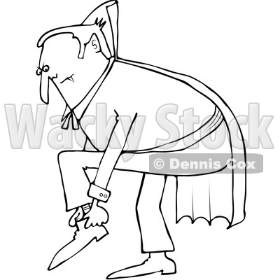 Outline Clipart of a Cartoon Black and White Chubby Dracula Vampire Putting His Shoes on - Royalty Free Lineart Vector Illustration © djart #1355579