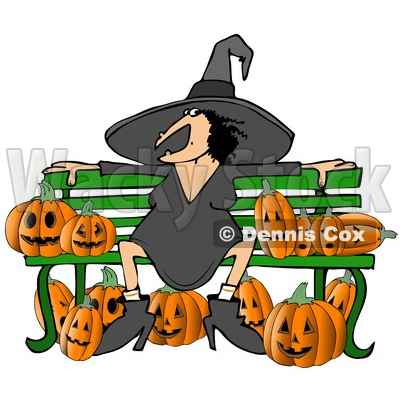 Clipart of a Cartoon Chubby Warty Halloween Witch Sitting on a Bench Surrounded by Jackolantern Pumpkins - Royalty Free Illustration © djart #1355580