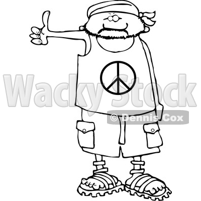 Clipart of a Cartoon Black and White Male Hitchhiker Wearing a Bandana, Peace Shirt, Shorts and Sandals - Royalty Free Lineart Vector Illustration © djart #1357308