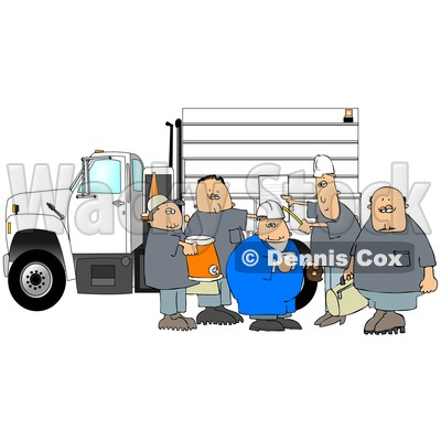 Clipart of a Cartoon Group of Caucasian Male Construction Workers with a Cooler, Donuts, Document and Bag by a Truck - Royalty Free Illustration © djart #1357310