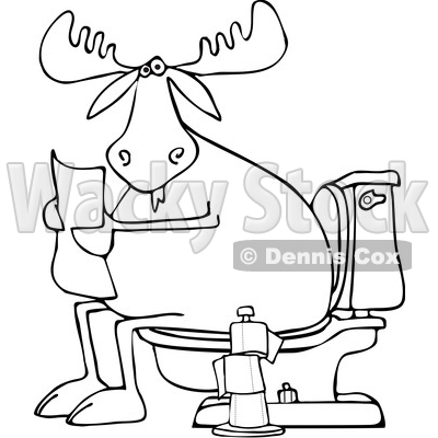 Clipart of a Cartoon Black and White Moose Reading a Newspaper on a Toilet - Royalty Free Vector Illustration © djart #1360935