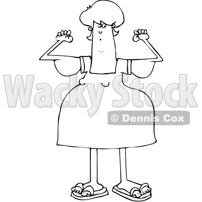 Clipart of a Cartoon Black and White Chubby Woman with Flabby Arms, Flexing - Royalty Free Vector Illustration © djart #1361176