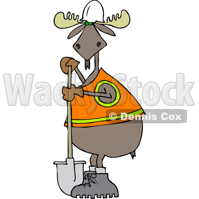 Clipart of a Cartoon Moose Contractor Holding a Shovel and Wearing a Safety Vest - Royalty Free Vector Illustration © djart #1361445