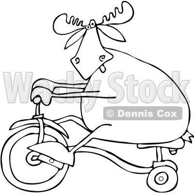 Clipart of a Cartoon Black and White Lineart Moose Riding a Tricycle - Royalty Free Vector Illustration © djart #1361450