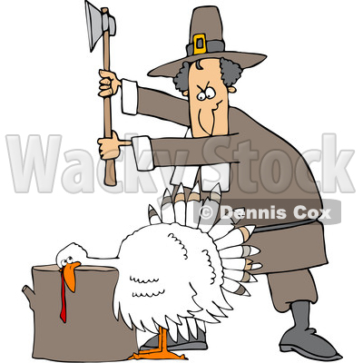 Clipart of a Cartoon Pilgrim Ready to Chop the Head off of a White Thanksgiving Turkey Bird Laying His Head on a Chopping Block - Royalty Free Vector Illustration © djart #1361509