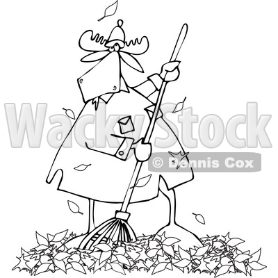 Clipart of a Cartoon Black and White Moose Raking Autumn Leaves - Royalty Free Vector Illustration © djart #1361606