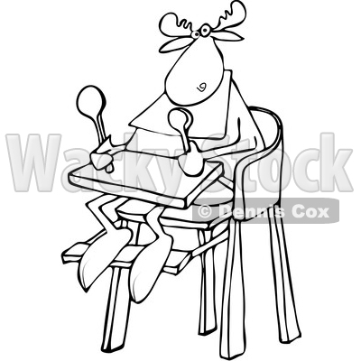 Clipart of a Cartoon Black and White Baby Moose Sitting in a High Chair - Royalty Free Vector Illustration © djart #1361608