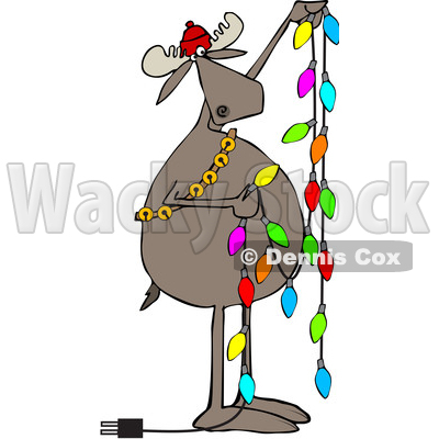 Clipart of a Cartoon Festive Moose Hanging Christmas Lights - Royalty Free Vector Illustration © djart #1362432