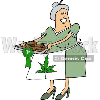 Clipart of a Cartoon Happy Chubby White Senior Woman Wearing a Pot Leaf Apron and Holding a Tray of First Place Fresly Baked Marijuana Brownies - Royalty Free Vector Illustration © djart #1363045