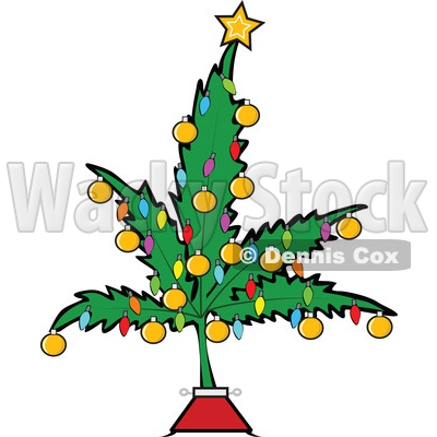 Clipart of a Cartoon Marijuana Pot Leaf Weed Christmas Tree Decorated with a Star, Lights and Baubles - Royalty Free Vector Illustration © djart #1363568