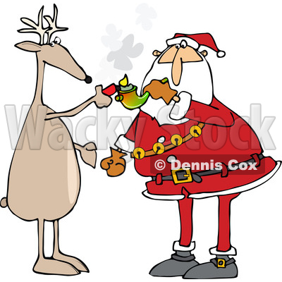 Clipart of a Cartoon Christmas Reindeer Helping Santa Claus Light up to Smoke Pot with a Pipe - Royalty Free Vector Illustration © djart #1363611