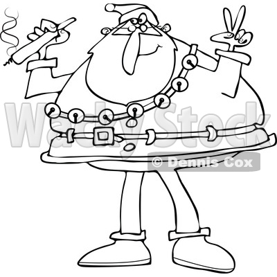 Clipart of a Black and White Santa Claus Wearing His Christmas Suit, Holding a Joint and Gesturing Peace - Royalty Free Vector Illustration © djart #1363737