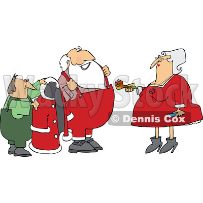 Clipart of Mrs Claus Handing Santa a Pipe While an Elf Helps Him Put on His Christmas Suit - Royalty Free Vector Illustration © djart #1363739