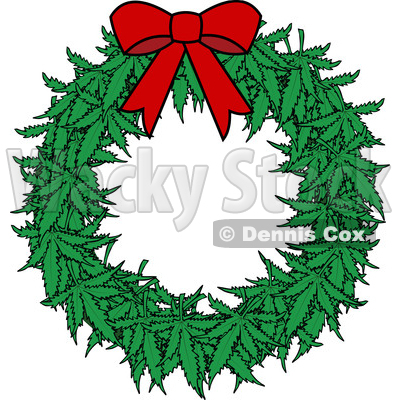 Clipart of a Cartoon Marijuana Pot Leaf Weed Christmas Wreath with a Red Bow - Royalty Free Vector Illustration © djart #1365761