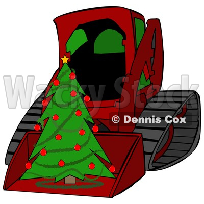 Clipart of a Cartoon Red Bobcat Skid Steer Loader with a Christmas Tree in the Bucket - Royalty Free Illustration © djart #1365762