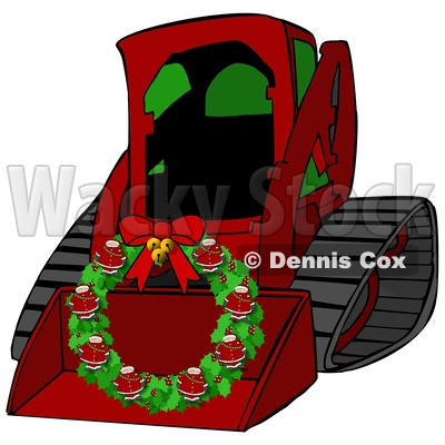 Clipart of a Cartoon Red Bobcat Skid Steer Loader with a Santa Christmas Wreath in the Bucket - Royalty Free Illustration © djart #1365764