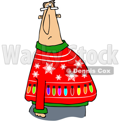 Clipart of a Cartoon Chubby White Man Wearing a Snowflake and Lights Ugly Christmas Sweater - Royalty Free Vector Illustration © djart #1371203