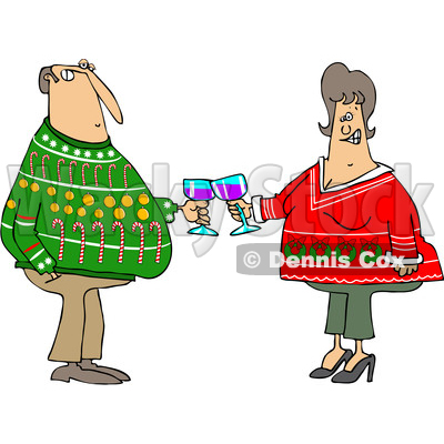 Clipart of a Cartoon Chubby White Couple Holding Glasses of Wine and Wearing Ugly Christmas Sweaters at a Party - Royalty Free Vector Illustration © djart #1371206