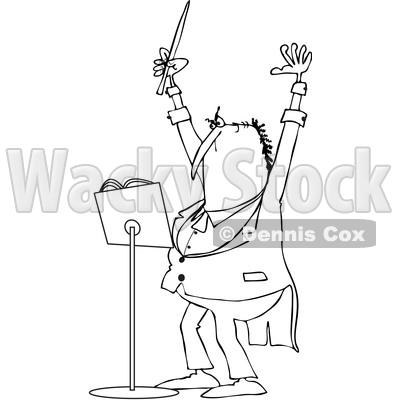 Clipart of a Cartoon Black and White Chubby Male Music Conductor Holding up an Arm and Wand - Royalty Free Vector Illustration © djart #1371796
