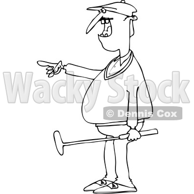 Clipart of a Black and White Chubby Male Golfer Holding a Club and Pointing to the Left - Royalty Free Vector Illustration © djart #1374503
