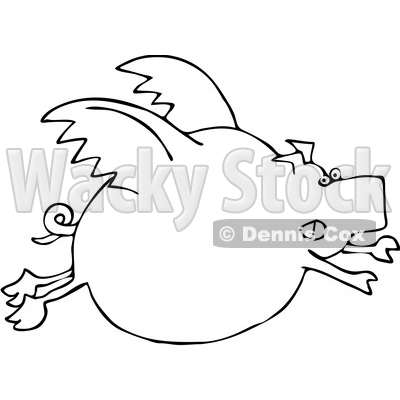 Clipart of a Black and White Cartoon Chubby Pig Flying - Royalty Free Vector Illustration © djart #1374505