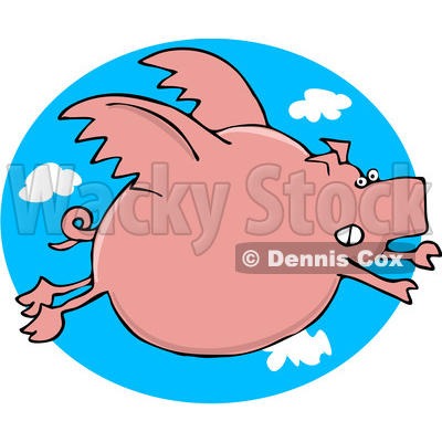 Clipart of a Cartoon Chubby Pink Pig Flying over a Sky Oval - Royalty Free Vector Illustration © djart #1374506