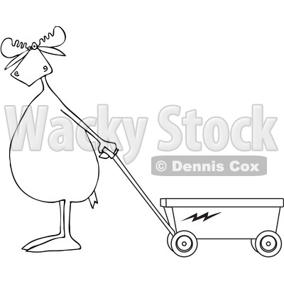 Cartoon Clipart of a Black and White Moose Standing Upright and Pulling a Wagon - Royalty Free Vector Illustration © djart #1375297