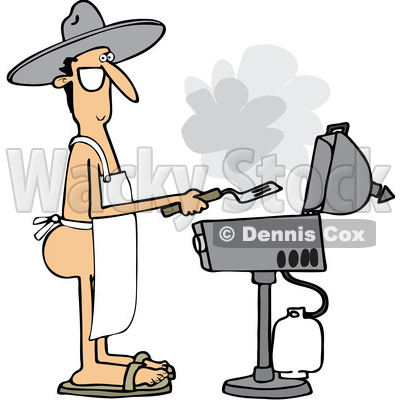 Clipart of a Cartoon Nude White Man Wearing an Apron and Cooking on a Bbq Grill - Royalty Free Vector Illustration © djart #1395834