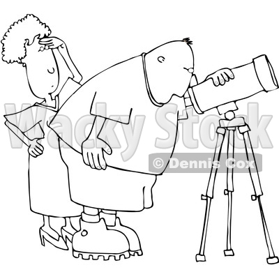 Clipart of a Cartoon Black and White Lineart Chubby Male Astronomer and His Wife Looking Through a Telescope - Royalty Free Vector Illustration © djart #1396638
