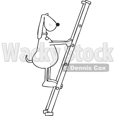 Clipart of a Cartoon Black and White Lineart Dog Climbing a Ladder - Royalty Free Vector Illustration © djart #1397418