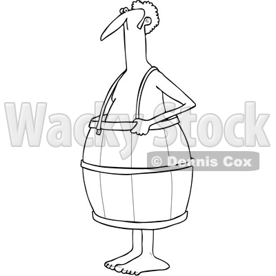 Clipart of a Cartoon Lineart Poor Nude White Man Wearing a Barrel - Royalty Free Vector Illustration © djart #1399747