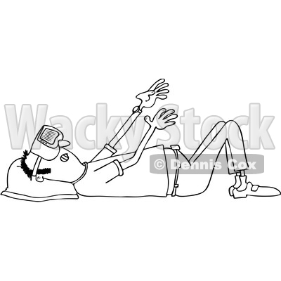 Clipart of a Cartoon Black and White Lineart Man Laying on His Back and Wearing Virtual Reality Glasses - Royalty Free Vector Illustration © djart #1399913