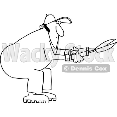 Cartoon Clipart of a Black and White Lineart Chubby Male Landscaper or Gardener Using Hedge Trimmers - Royalty Free Vector Illustration © djart #1400170