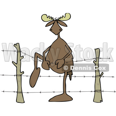 Cartoon Clipart of a Moose Climbing over Barbed Wire - Royalty Free Vector Illustration © djart #1400176
